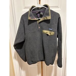 Vintage Patagonia Synchilla Fleece Gray Charcoal Pullover with Olive Trim, Small